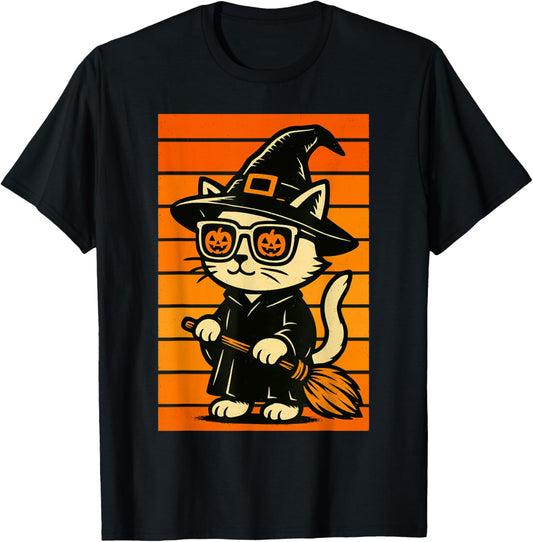 Cool Cute Cat Witch Men Women Kids Funny Halloween T-Shirt - T-Shirt | Black