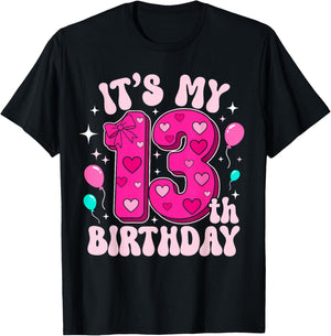 13 Year Old Pink Coquette Bow It's My 13th Birthday Girl T-Shirt - T-Shirt | Black