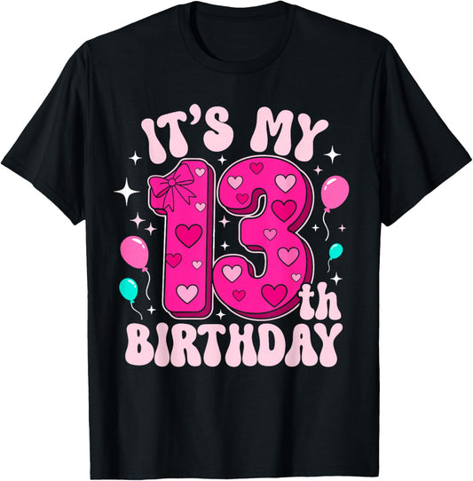 13 Year Old Pink Coquette Bow It's My 13th Birthday Girl T-Shirt - T-Shirt | Black