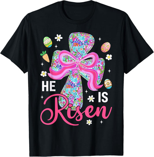 He is Risen Jesus Christian Cross Coquette Bow Easter Bunny T-Shirt - T-Shirt | Black