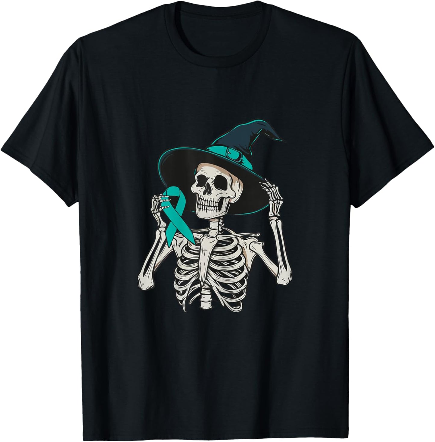 Teal Ribbon Peritoneal Cancer Awareness Skeleton Halloween T-Shirt - T-Shirt | Black