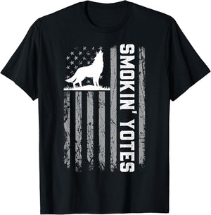 Smokin' Yotes USA Flag Coyote Hunting Patriotic Men Graphic T-Shirt - T-Shirt | Black