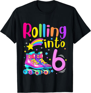 6th Bday Rolling Into 6 Birthday Girl Roller Skate Party T-Shirt - T-Shirt | Black