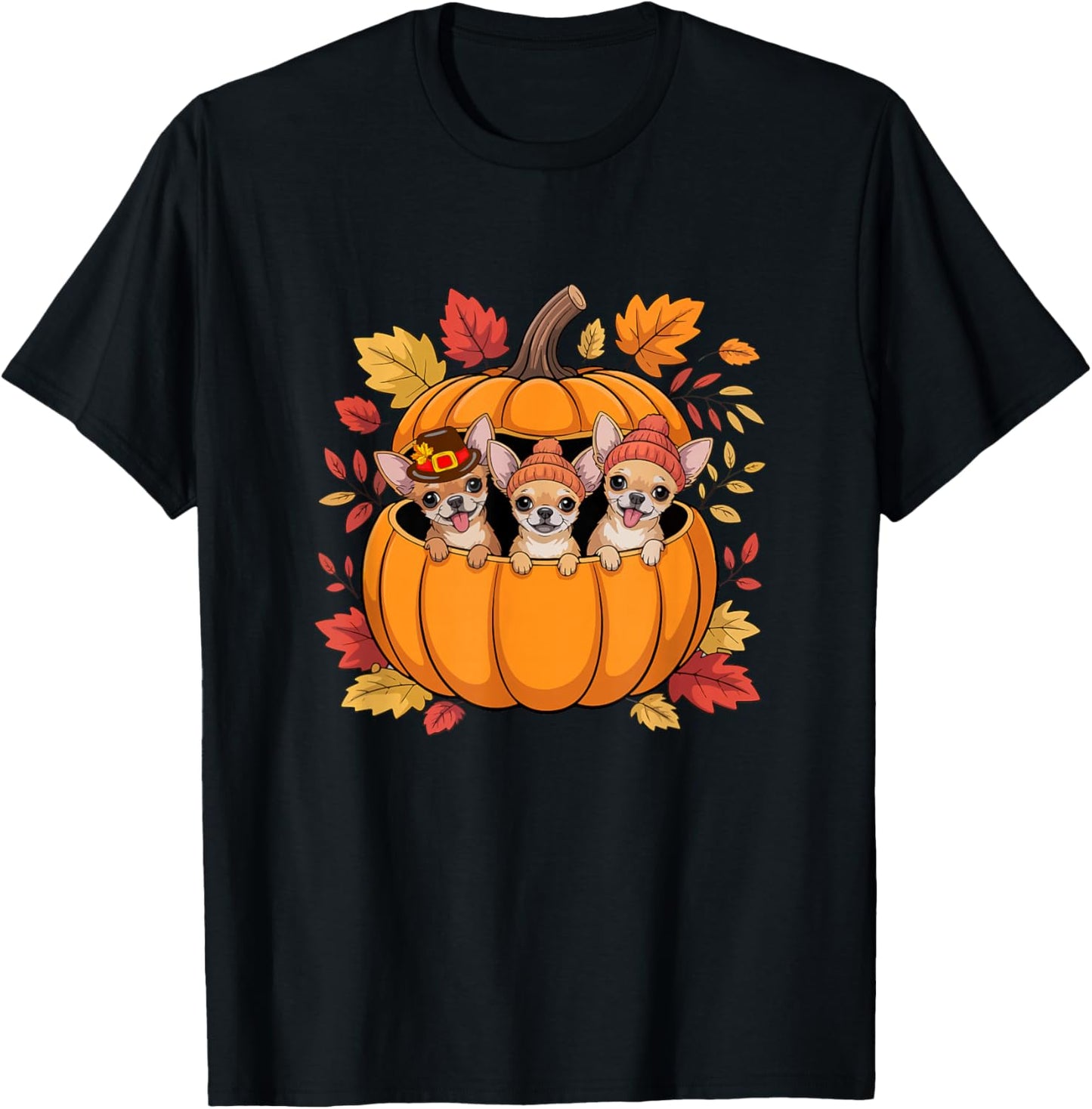 Three Cute Chihuahuas Inside Pumpkin Thanksgiving Autumn T-Shirt - T-Shirt | Black