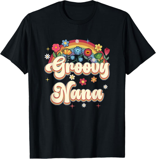 Groovy Nana Retro Hippie Peace Sign Floral Mothers Day T-Shirt - T-Shirt | Black