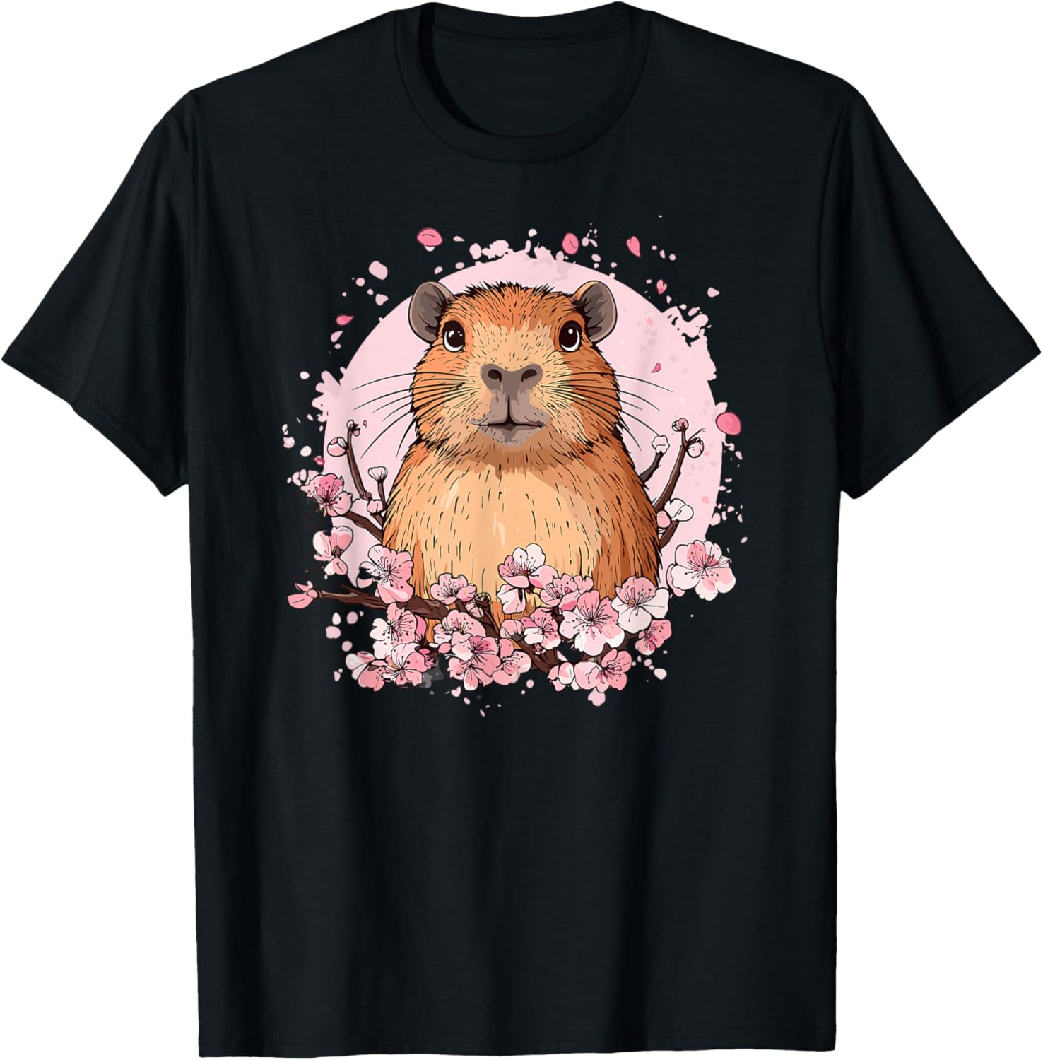 Capybara Surrounded by Pink Cherry Blossoms T-Shirt - T-Shirt | Black
