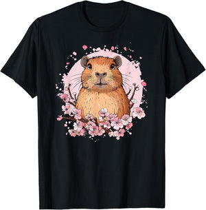 Capybara Surrounded by Pink Cherry Blossoms T-Shirt - T-Shirt | Black