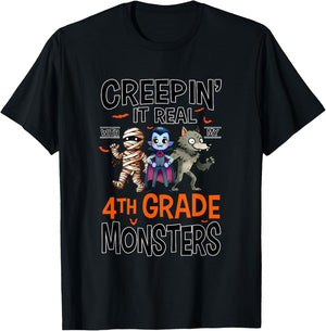 Halloween Teacher Creepin It Real With My 4th Grade Monsters T-Shirt - T-Shirt | Black