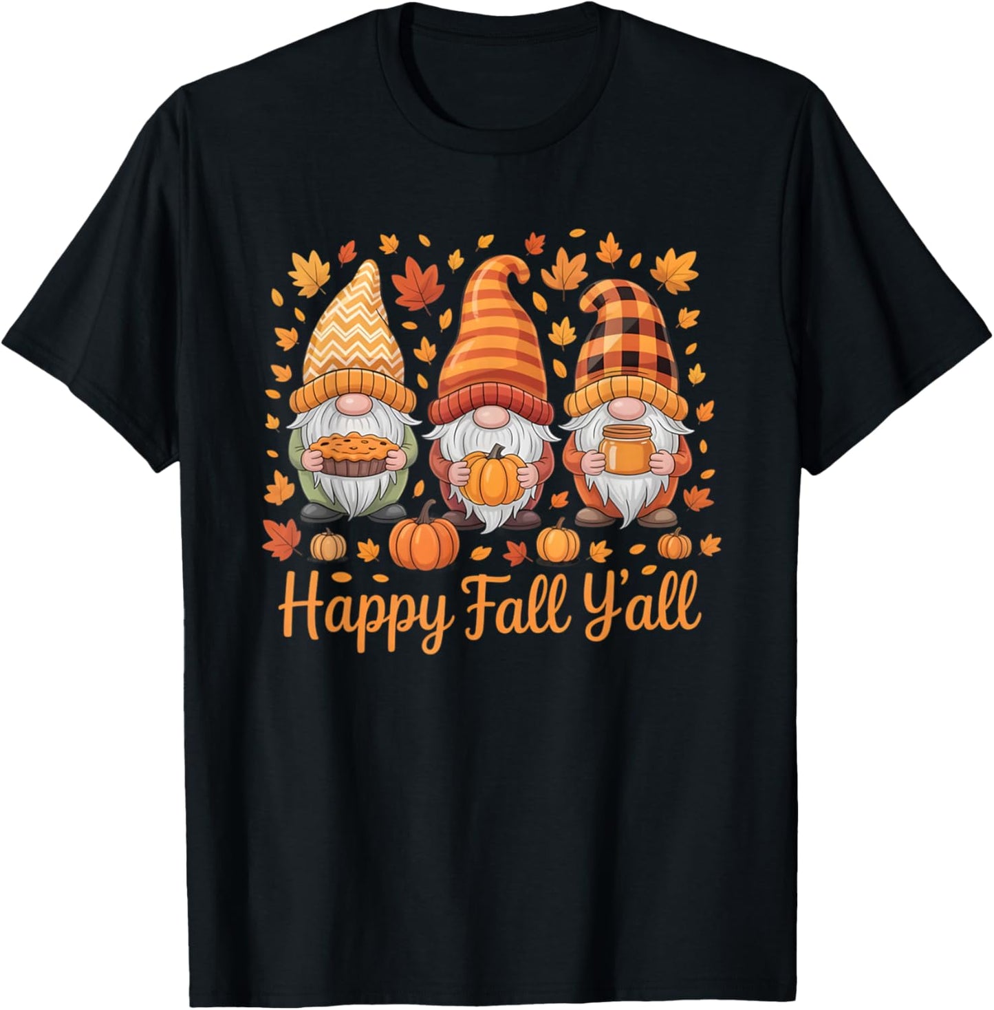 Happy Fall Y'all Gnome Pumpkin Autumn Thanksgiving Gifts T-Shirt - T-Shirt | Black