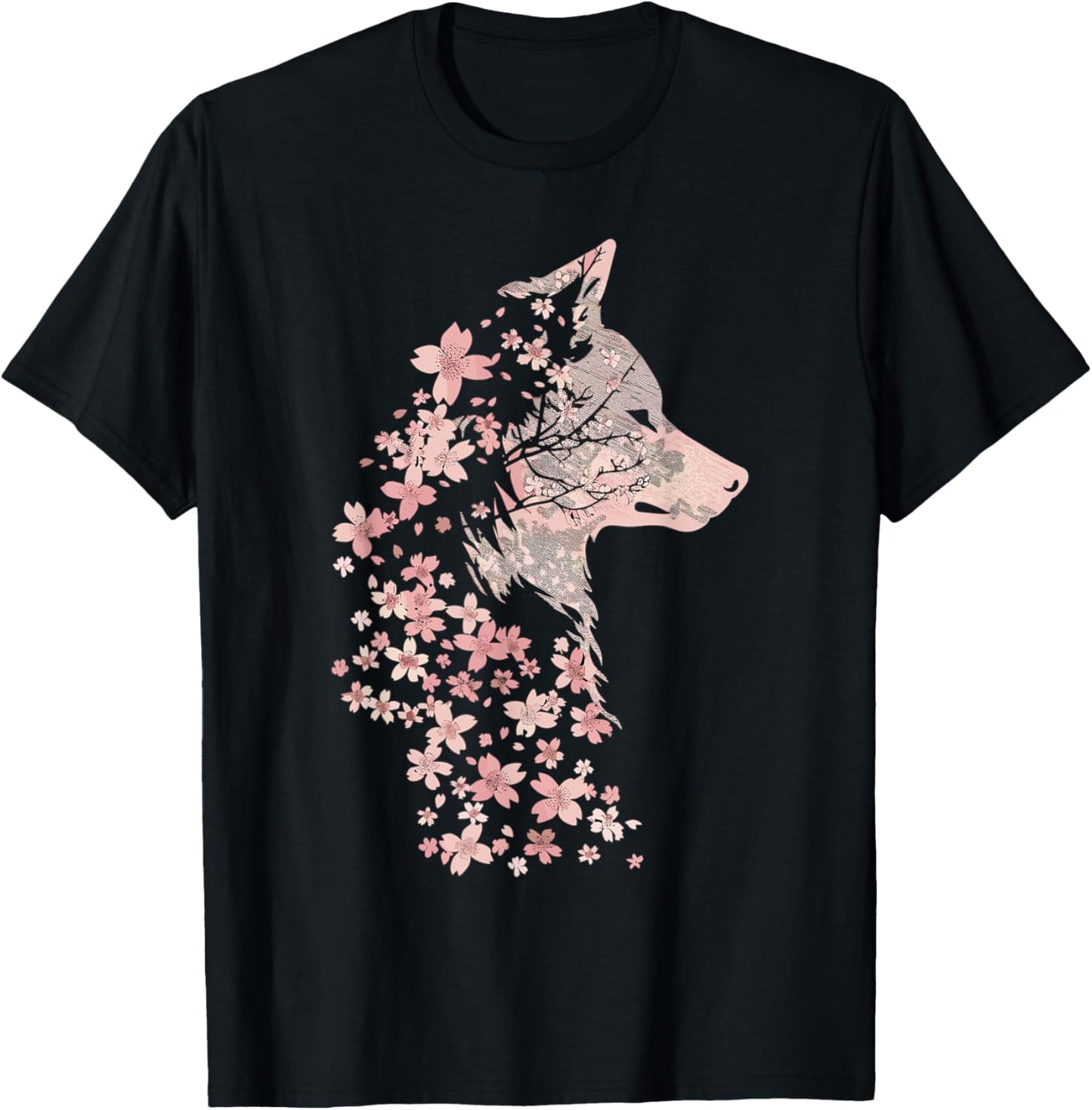 Wolf Lover Cherry Blossom Wolves Animal Wildlife T-Shirt - T-Shirt | Black