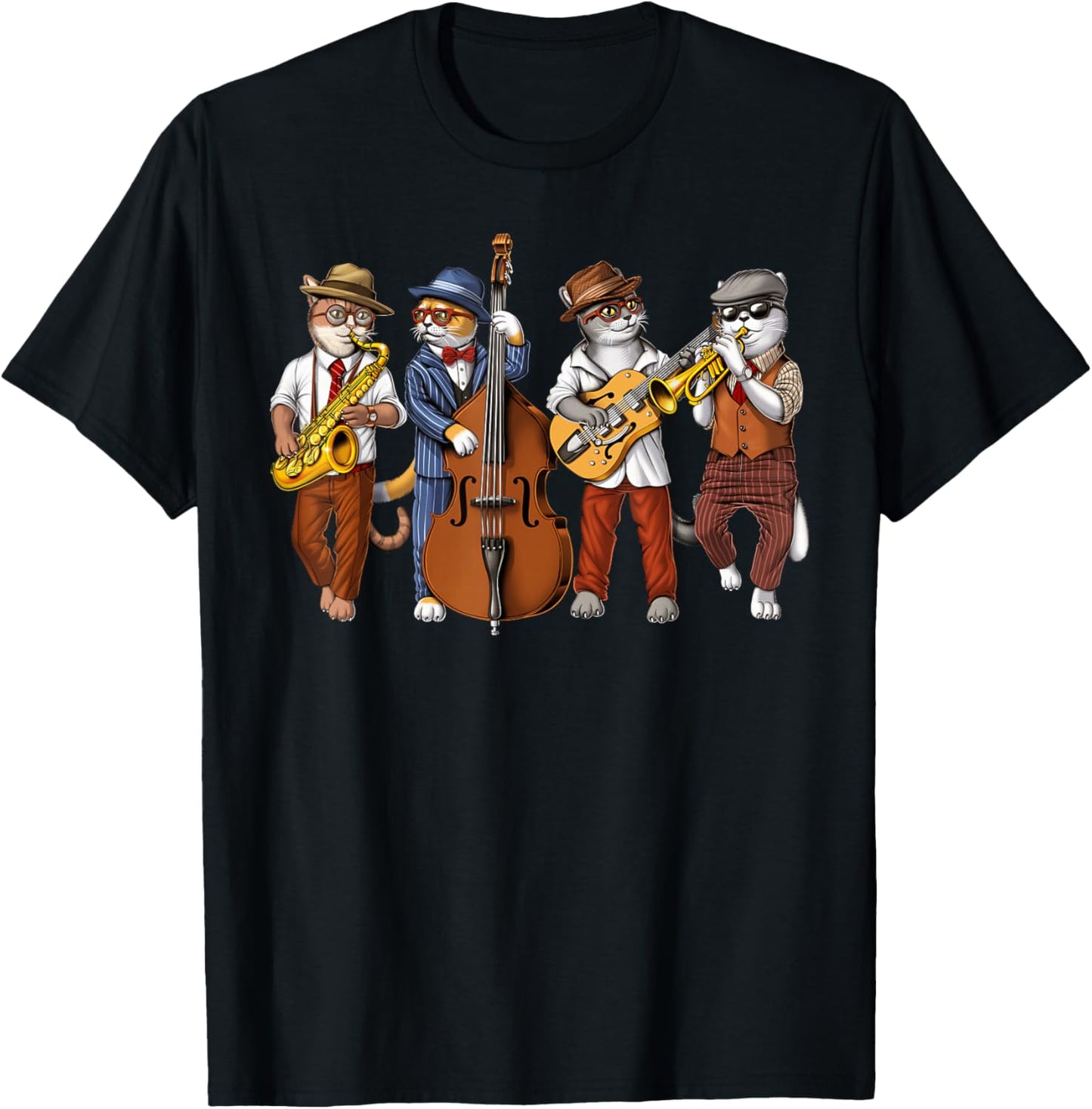 Cat Saxophone Player Jazz Musician Trumpet Double Bass T-Shirt - T-Shirt | Black