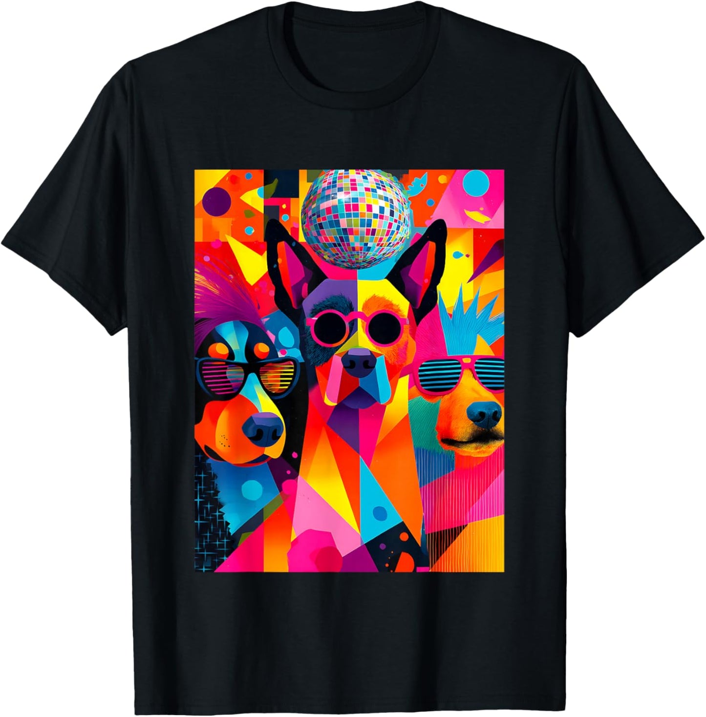 Disco Dogs Colorful Portrait – Funky Retro Party Pup Art T-Shirt - T-Shirt | Black