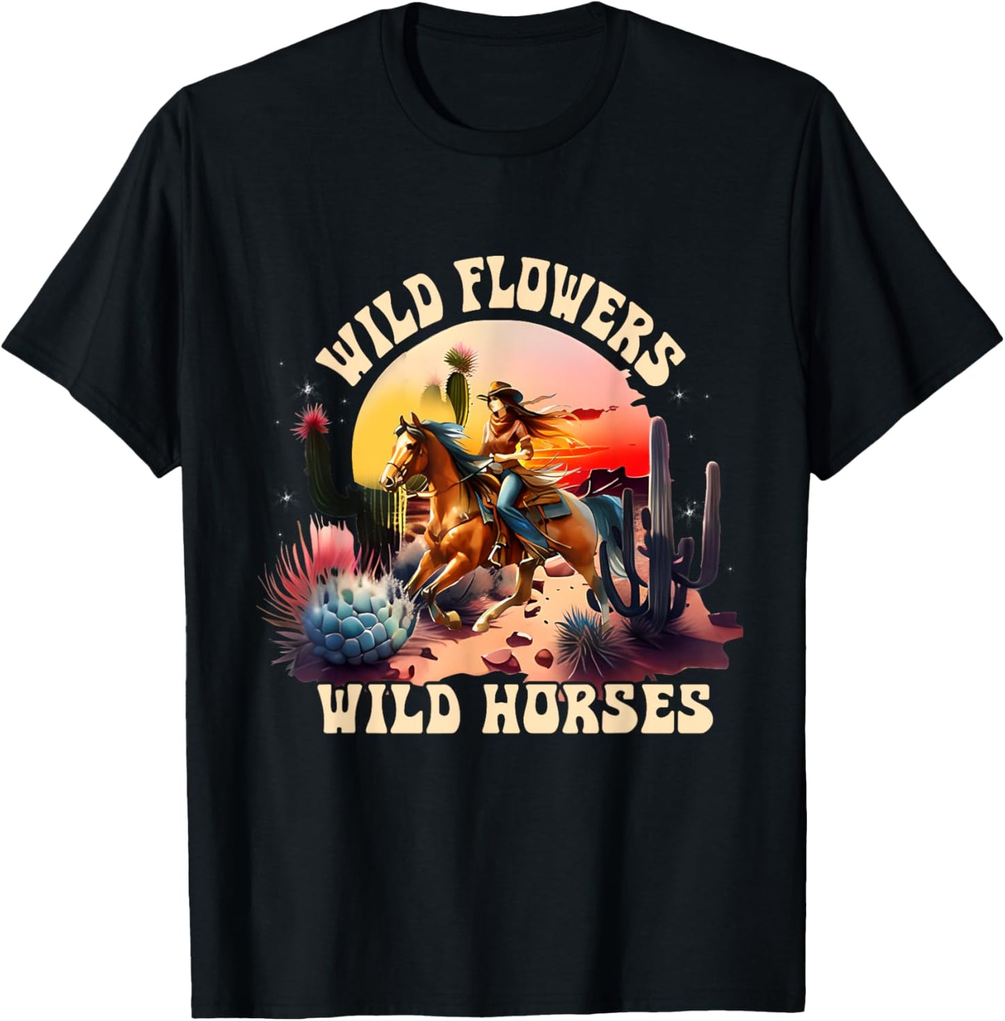 Sunset Cowgirl Riding Horse Wild Flowers - Wild Horses T-Shirt - T-Shirt | Black