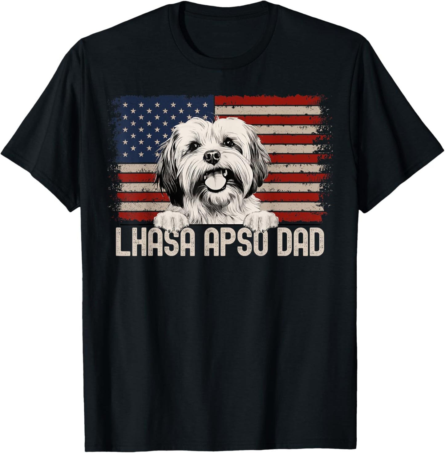 Best Dog Dad Ever American Flag - Lhasa Apso Dad T-Shirt - T-Shirt | Black