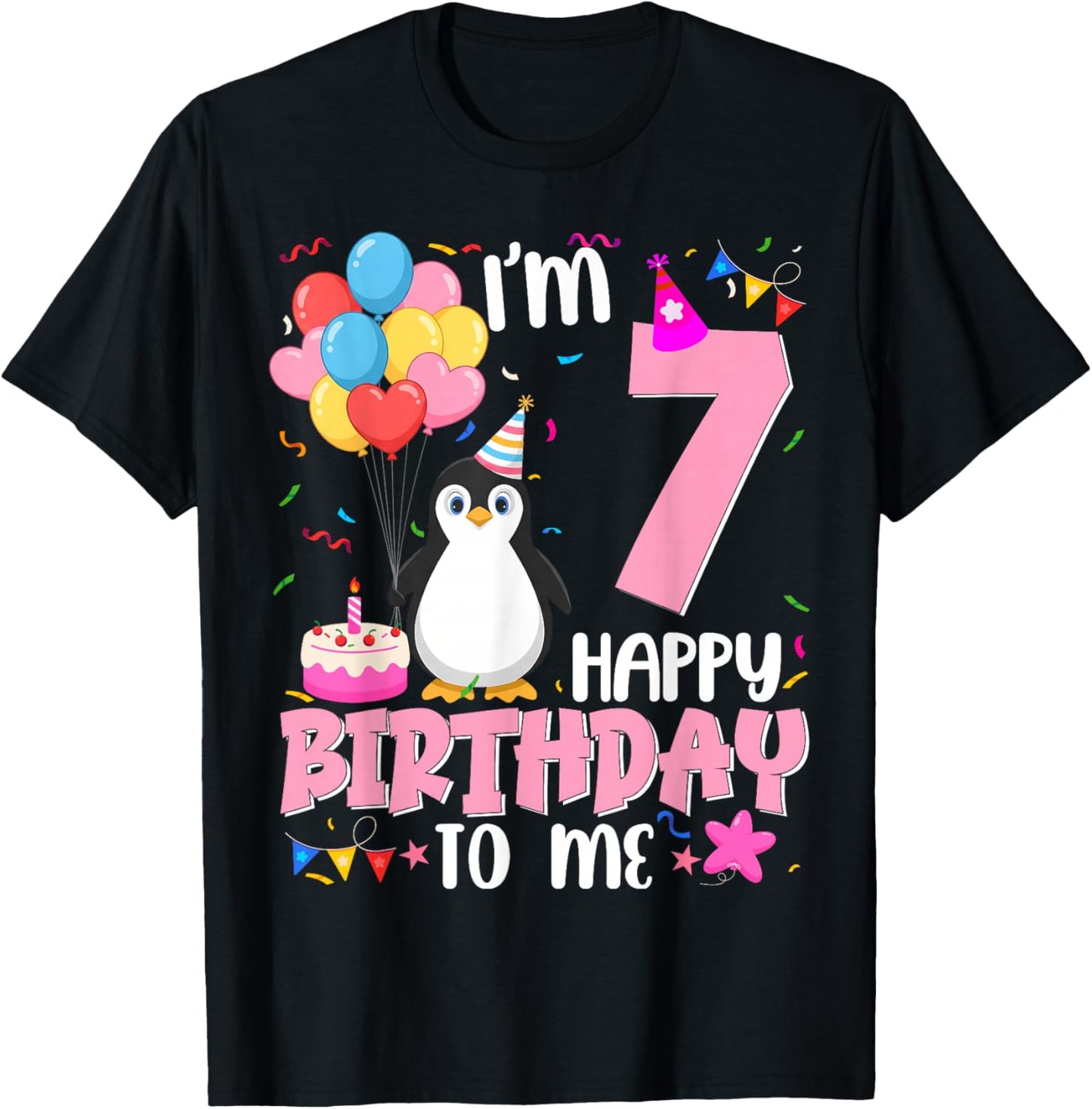 Penguin Birthday 7 Years Old Girl 7th Birthday Party T-Shirt - T-Shirt | Black