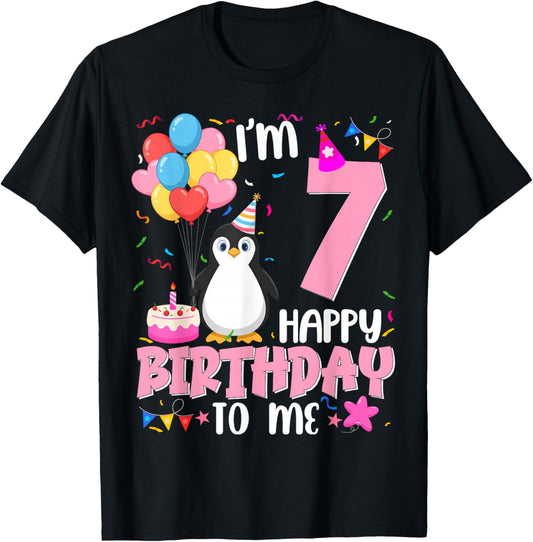 Penguin Birthday 7 Years Old Girl 7th Birthday Party T-Shirt - T-Shirt | Black