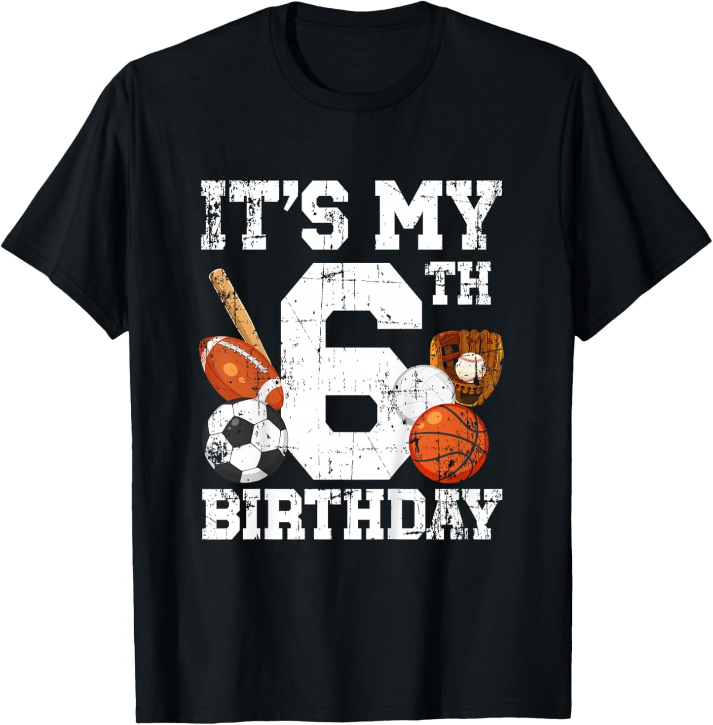 6 Year Old Sports Birthday Theme Sixth Bday Kids 2T Black Sports Birthday T-Shirt - T-Shirt | Black