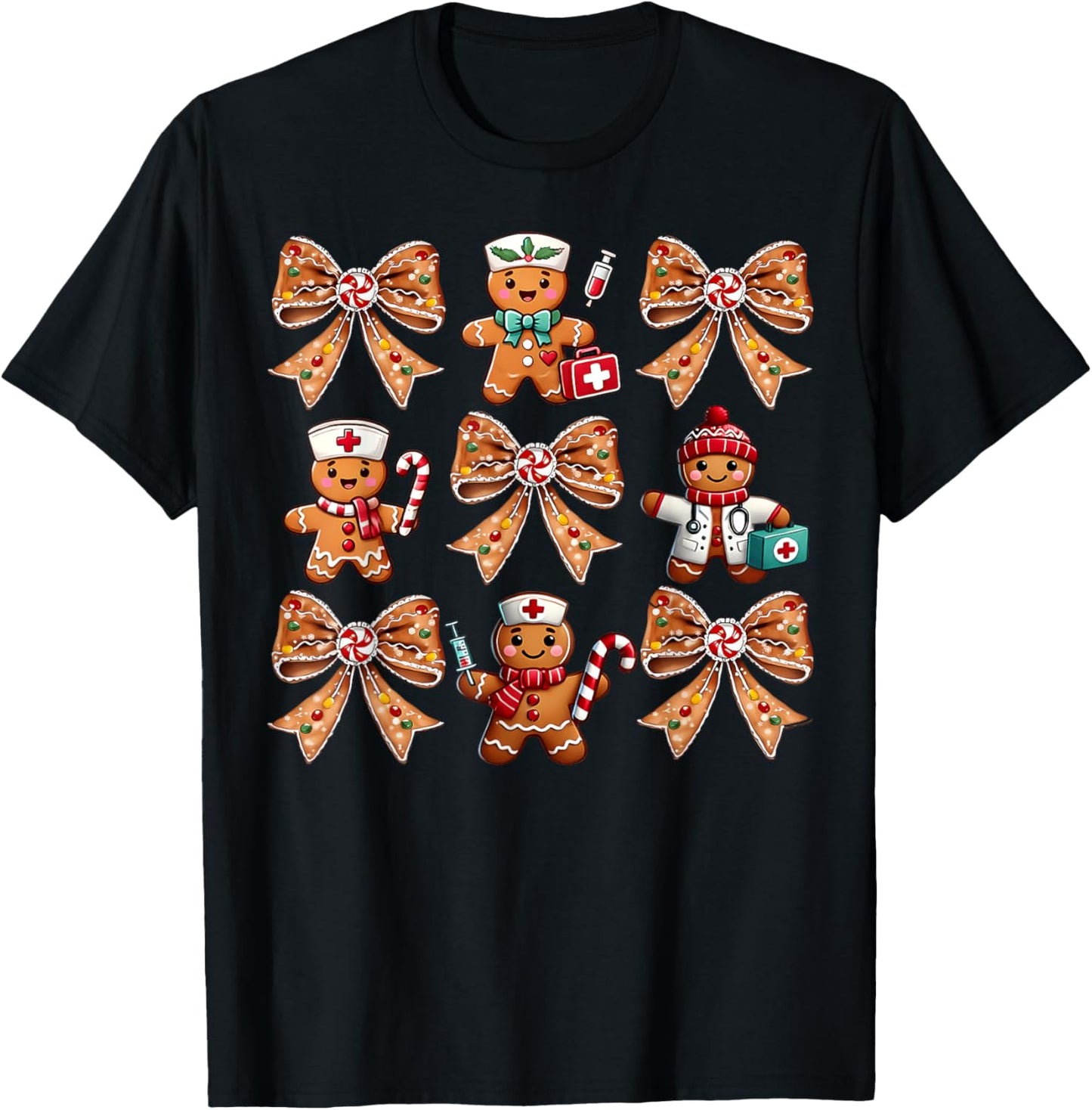 Coquette Bow Gingerbread Christmas Nurse Xmas Holiday T-Shirt - T-Shirt | Black