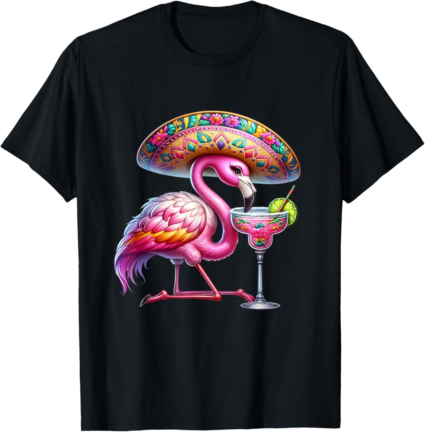 Pink Flamingo Drinking Margarita Cute Flamingo Cinco De Mayo T-Shirt - T-Shirt | Black