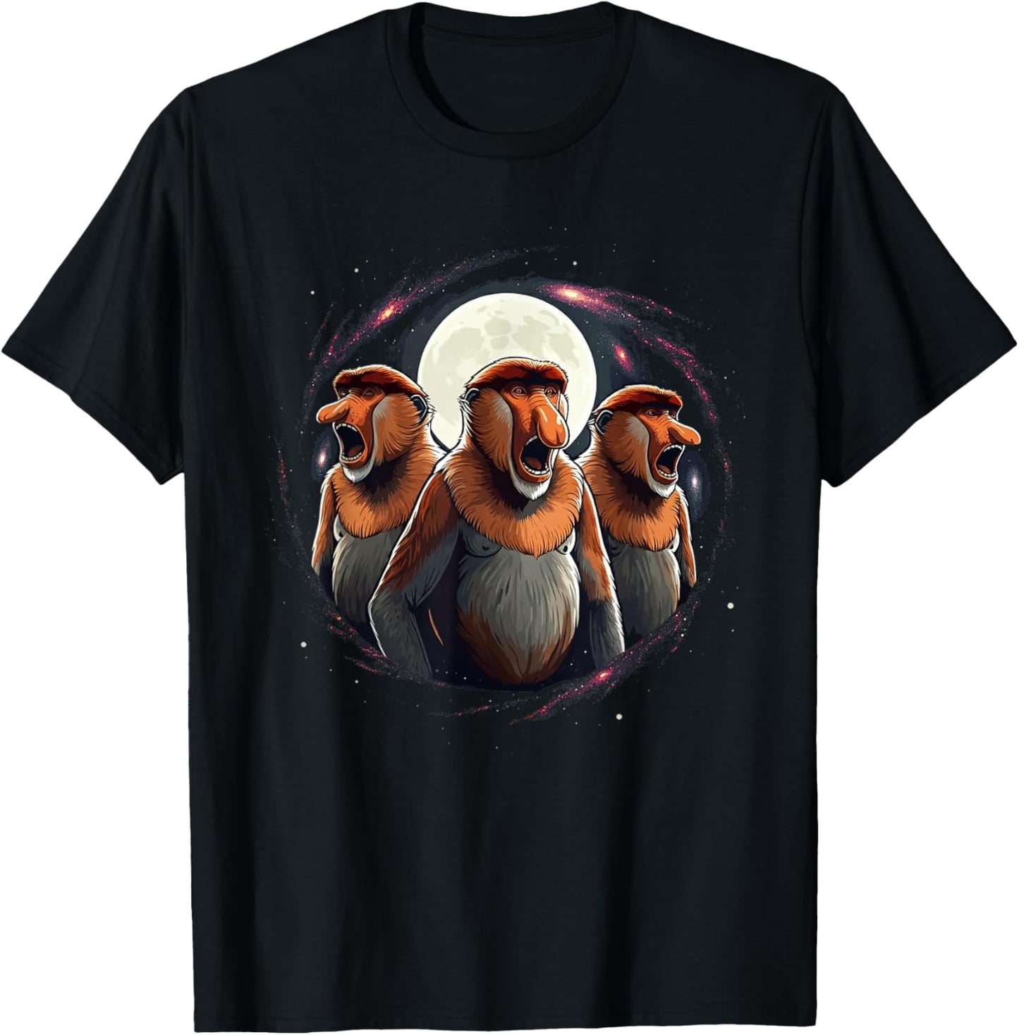3 Proboscis Monkeys Moon Howling Funny Meme Men Women Kids T-Shirt - T-Shirt | Black