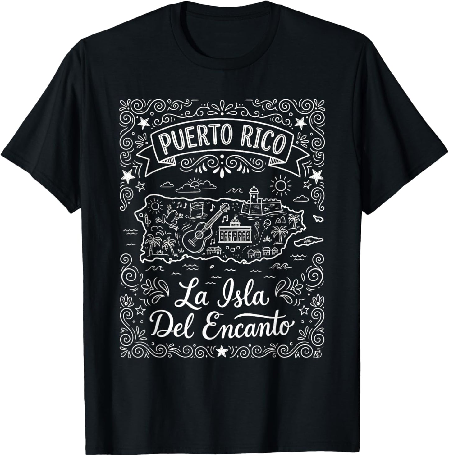 Puerto Rico Map La Isla Del Encanto Boricua Island Art T-Shirt - T-Shirt | Black