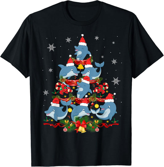 Santa Dolphin Christmas Tree Light Animal Lover Ornament T-Shirt - T-Shirt | Black