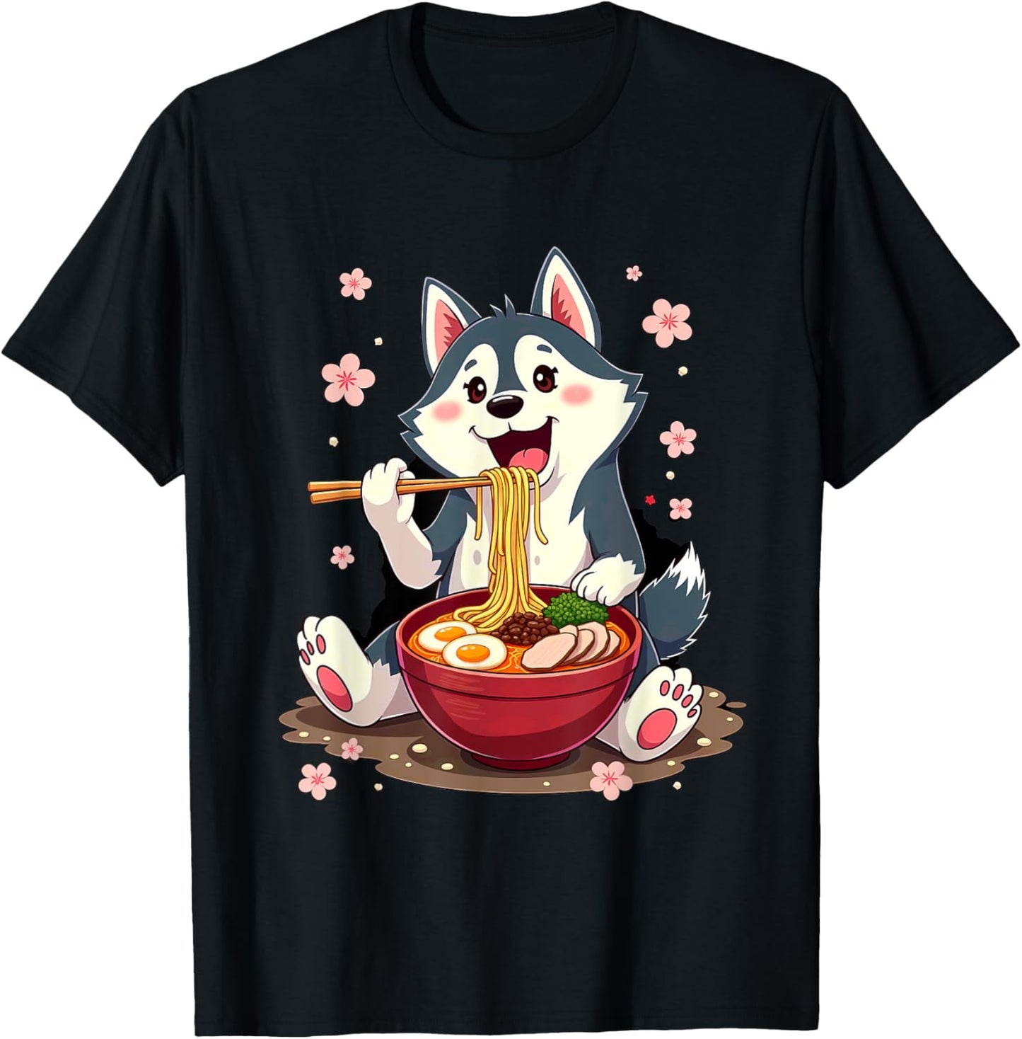 Otaku Husky Dog Ramen Noodles -Adult Anime Manga Kawaii Husky Dog Eating Ramen Black Small Classic Fit Short Sleeve Cotton Blend Machine Wash T-Shirt - T-Shirt | Black