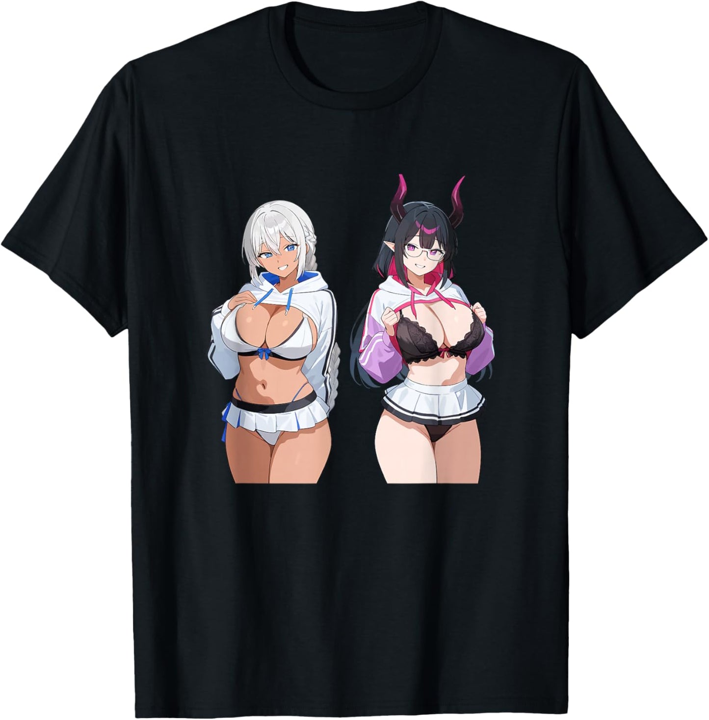 Waifu Sexy Anime Girl Horns Mini Skirt Japanese Retro Art T-Shirt - T-Shirt | Black