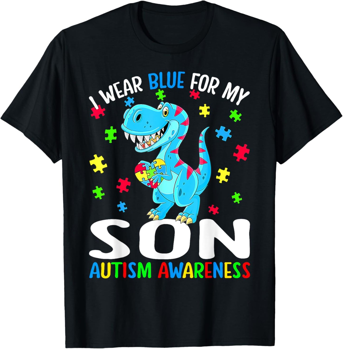 I Wear Blue For My Son Autism Awareness Dinosaur T-Shirt - T-Shirt | Black