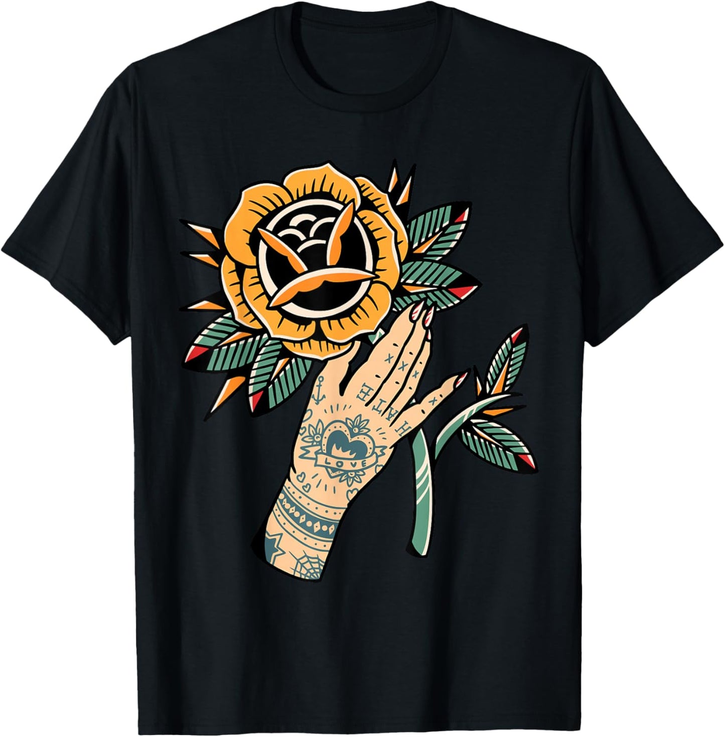 Rose x Tattoo Hand T-Shirt - T-Shirt | Black