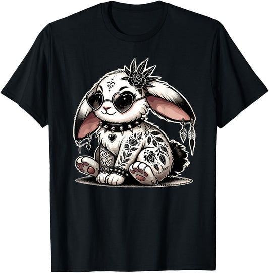 Gothic Bunny with Floral Punk Tattoos & Spiked Collar T-Shirt - T-Shirt | Black