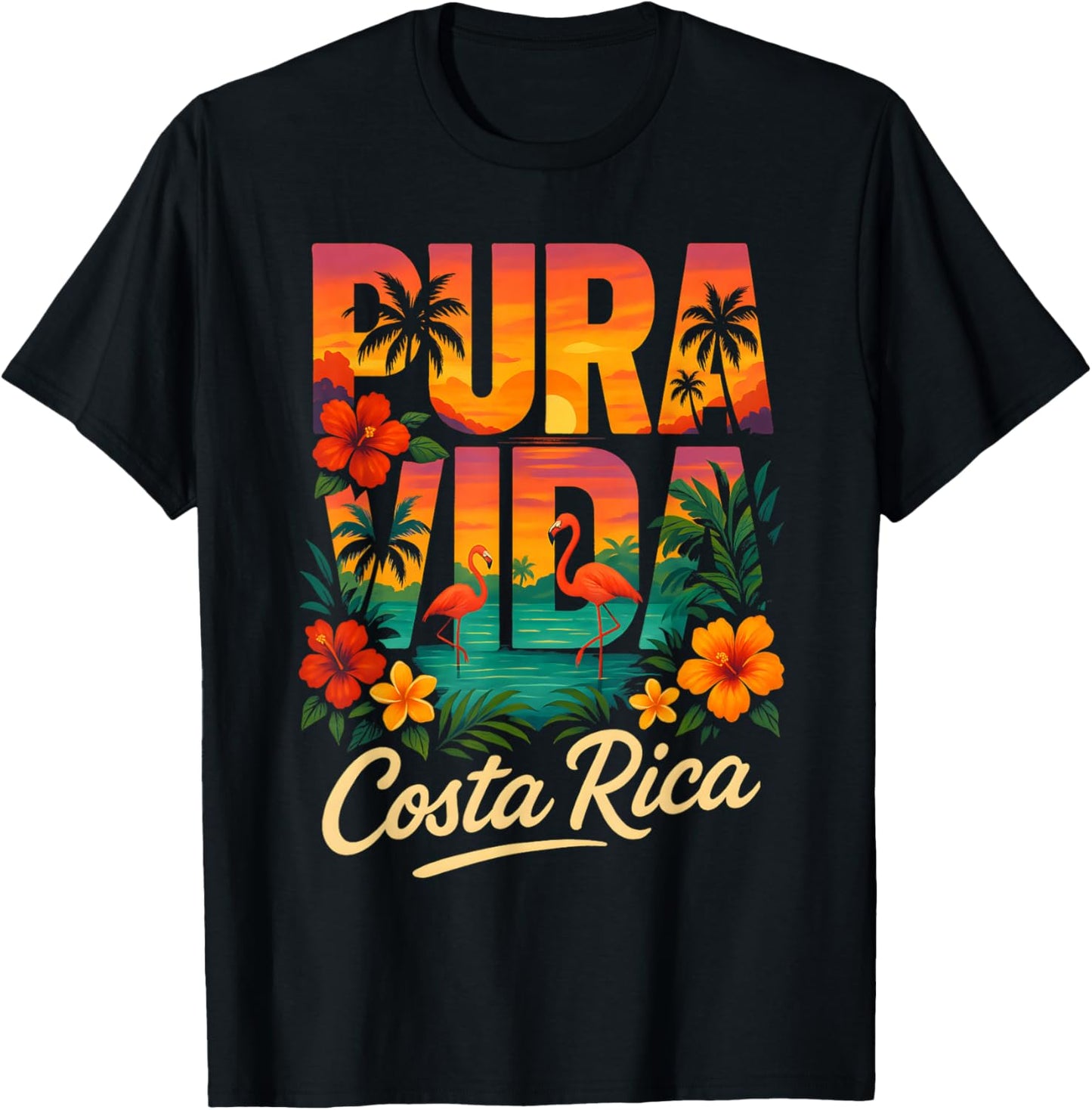 Pura Vida Costa Rica Sunset Flamingos T-Shirt - T-Shirt | Black