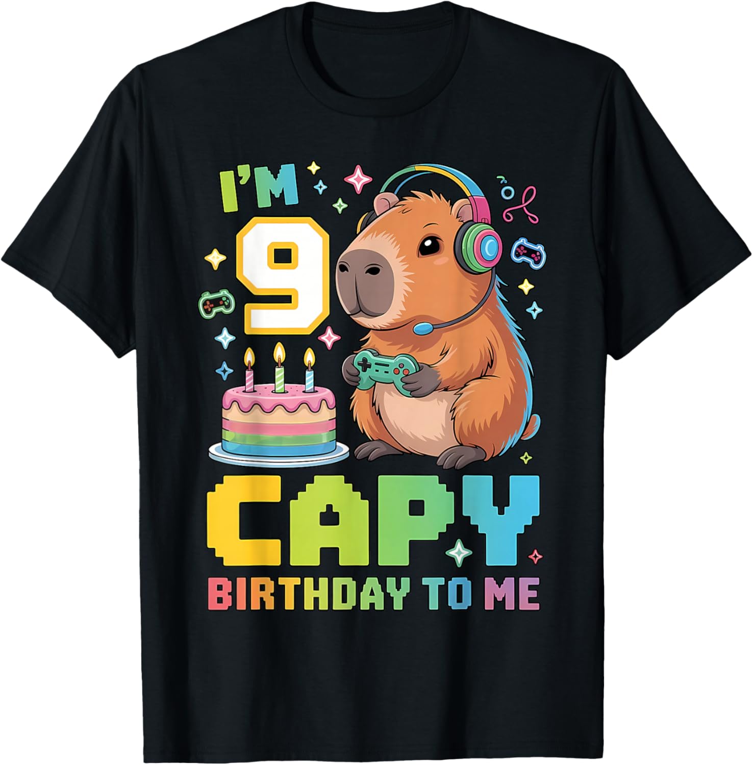 I'm 9 Year Old Capy Birthday to Me 9th Bday Capybara Gaming T-Shirt - T-Shirt | Black