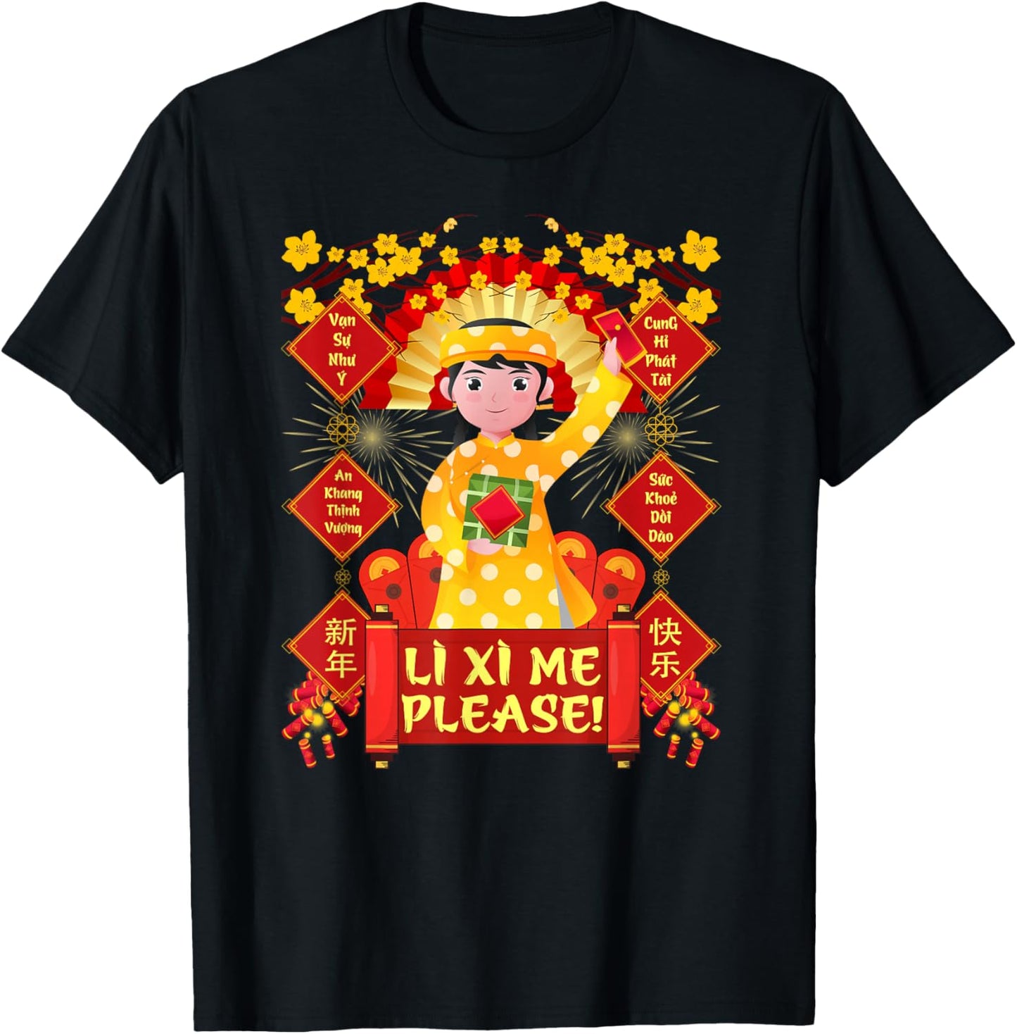 Funny Li Xi Me Please Vietnamese Red Cute Ao Dai Girl Kids T-Shirt - T-Shirt | Black