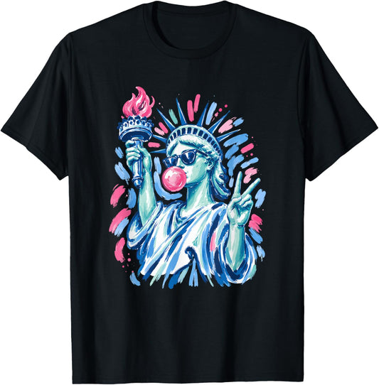 4th of July Preppy Statue of Liberty Blowing Bubble Gum T-Shirt - T-Shirt | Black