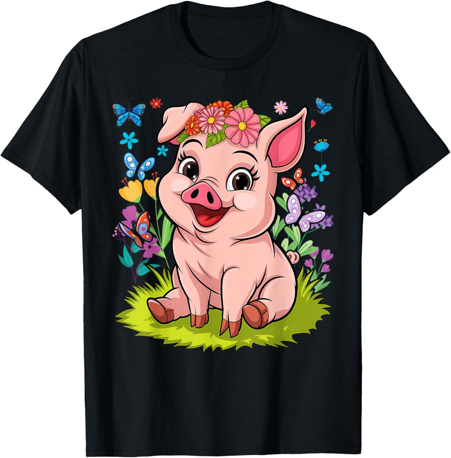 Cute Pig With Flowers I Kids Pig T-Shirt - T-Shirt | Black