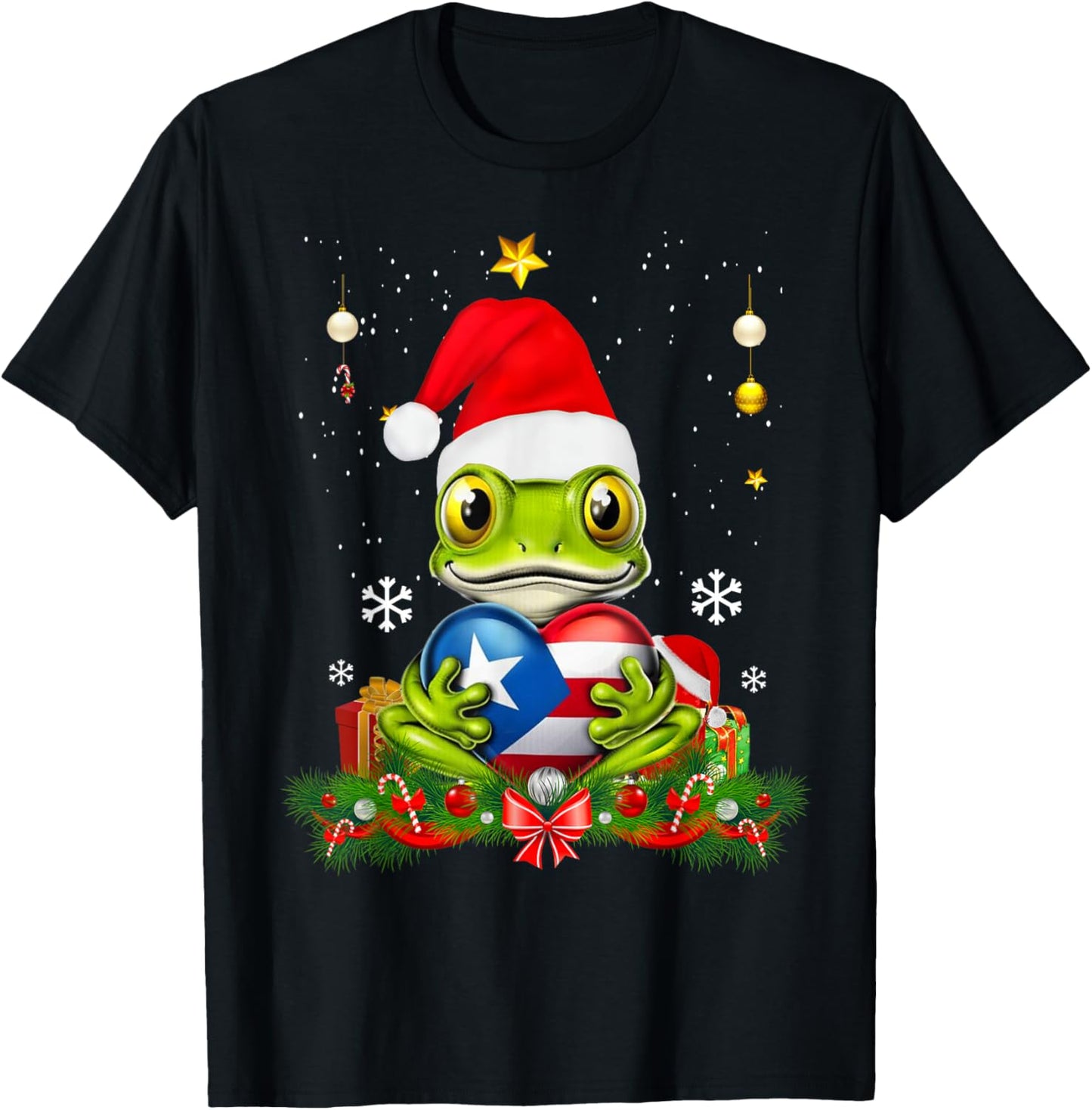 Patriotic Puerto Rico Flag Frog Tree Christmas Puero Rican T-Shirt - T-Shirt | Black