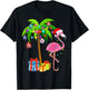 Pink Flamingo Christmas Palm Tree Tropical Xmas Holiday T-Shirt - T-Shirt | Black