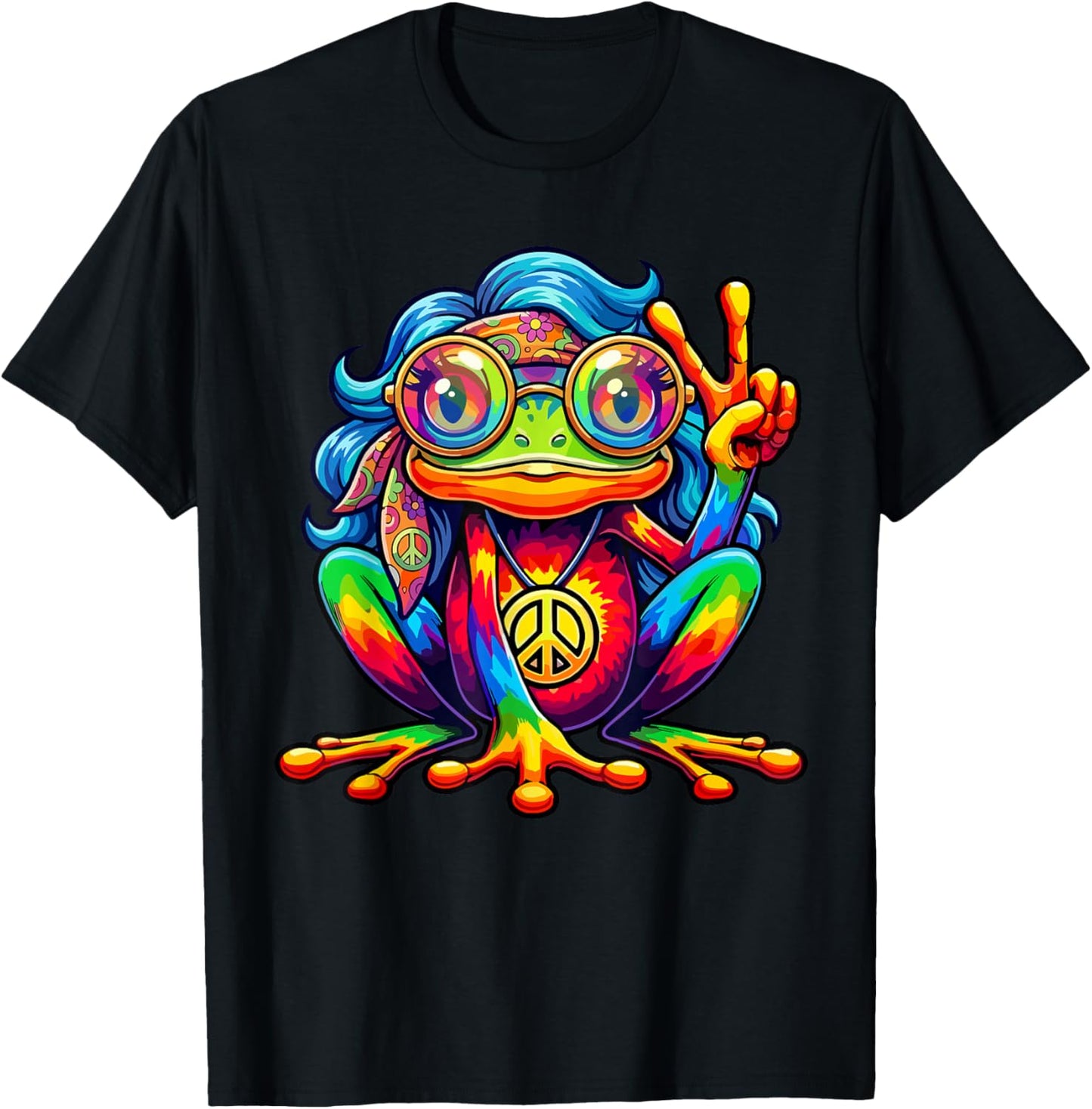 Hippie Tie-Dye Frog Girls Women Peace Sign 60s 70s T-Shirt - T-Shirt | Black