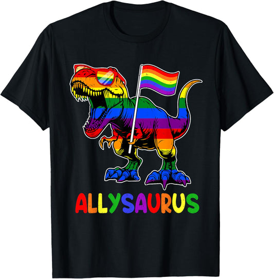 Dinosaur Rainbow Allysaurus LGBTQ Gay Pride Ally Men Kids T-Shirt - T-Shirt | Black