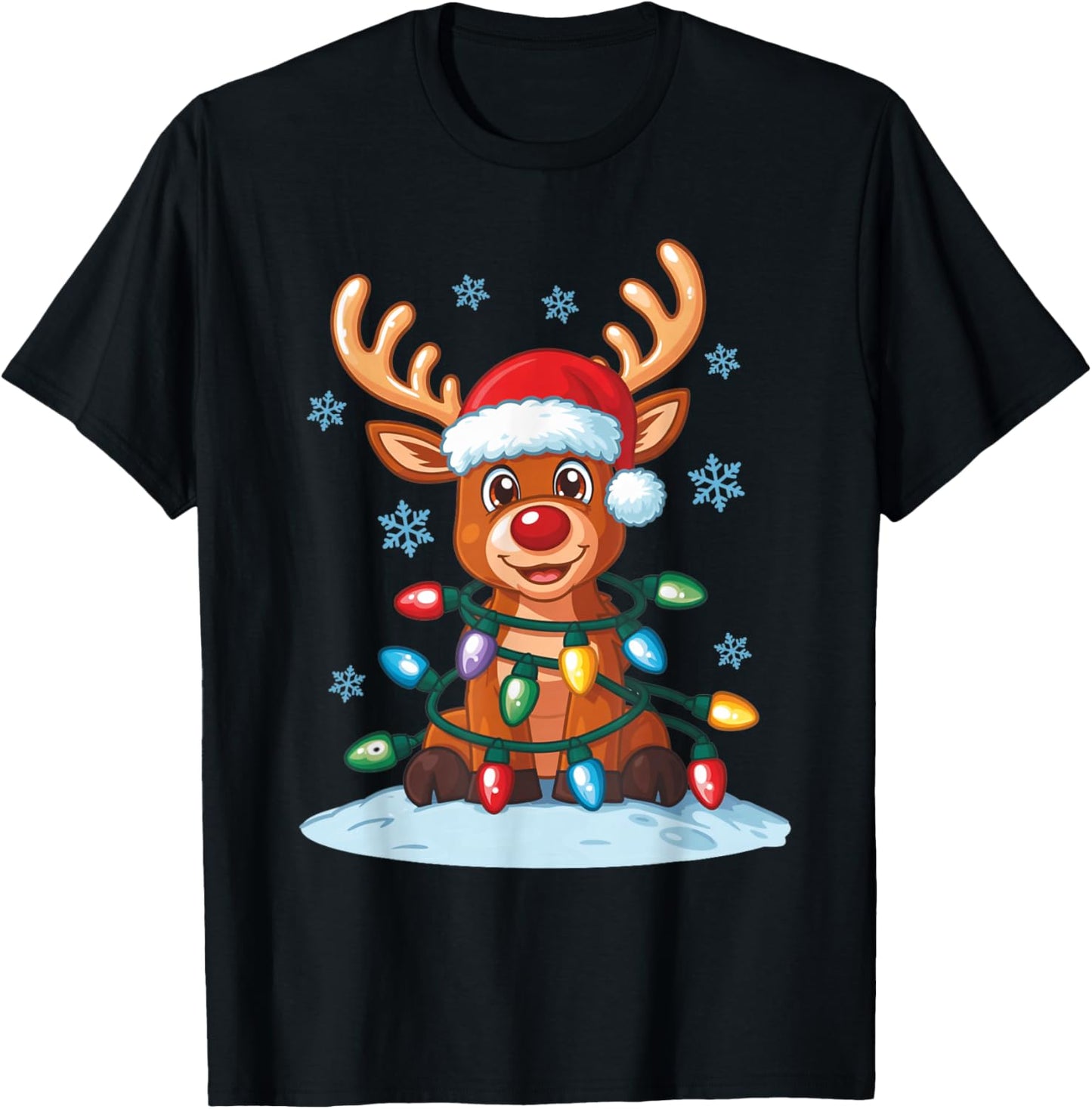 Merry Christmas Reindeer Fairy Lights Santa T-Shirt - T-Shirt | Black