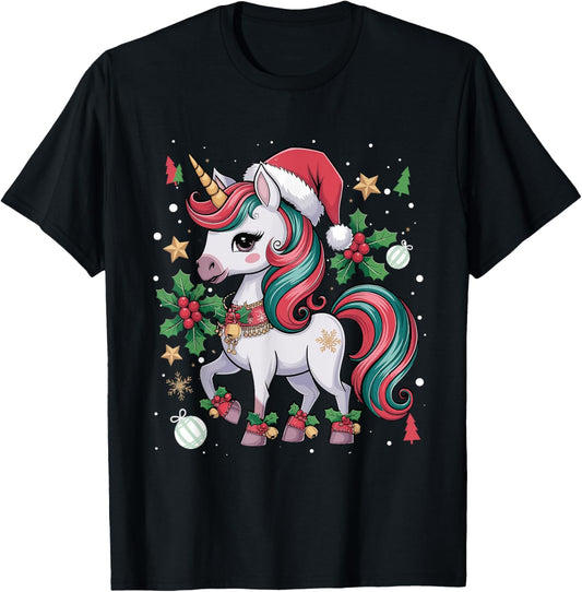 Merry Christmas Unicorn Girls Kid Toddler Xmas Unicorn Santa T-Shirt - T-Shirt | Black