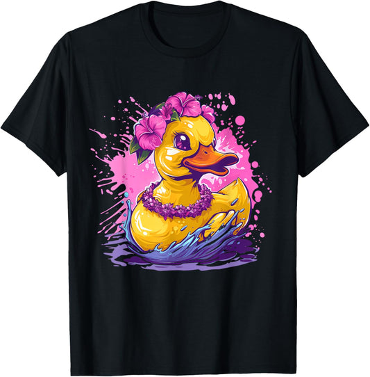 Rubber Duck Hawaiian Hawaii Watercolor Rubber Duckling T-Shirt - T-Shirt | Black