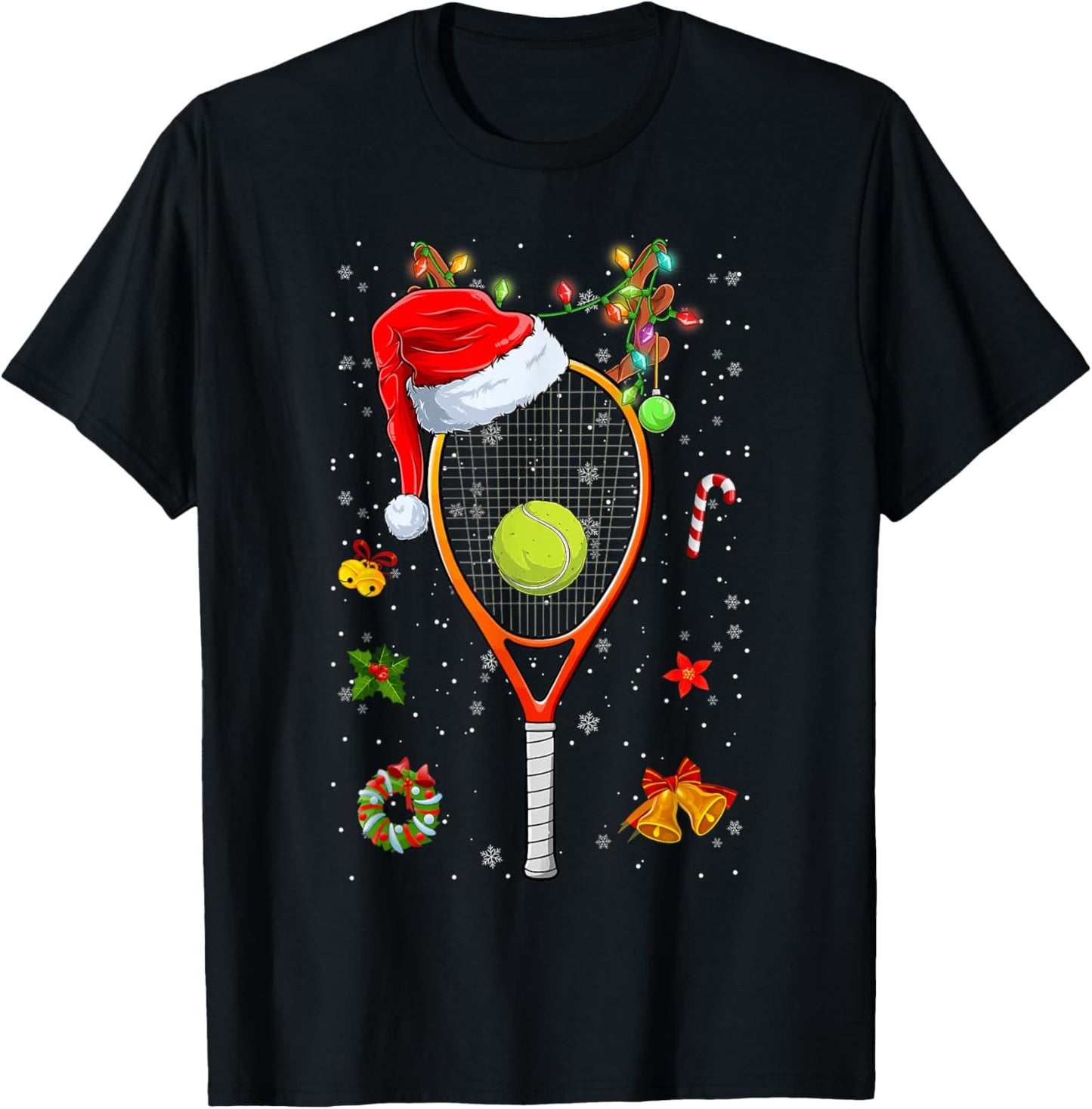 Funny Tennis Racket Reindeer Santa Hat Christmas Lights Xmas T-Shirt - T-Shirt | Black