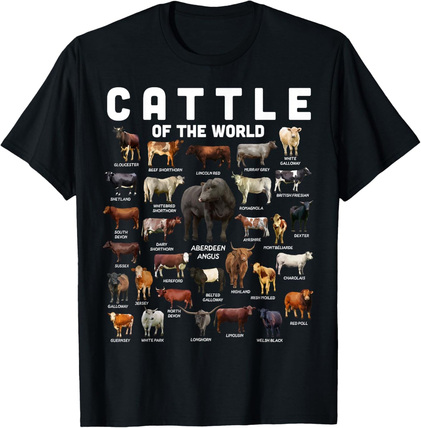Cow Shirt Cattle Of The World Types Of Cows Funny Farmer T-Shirt - T-Shirt | Black