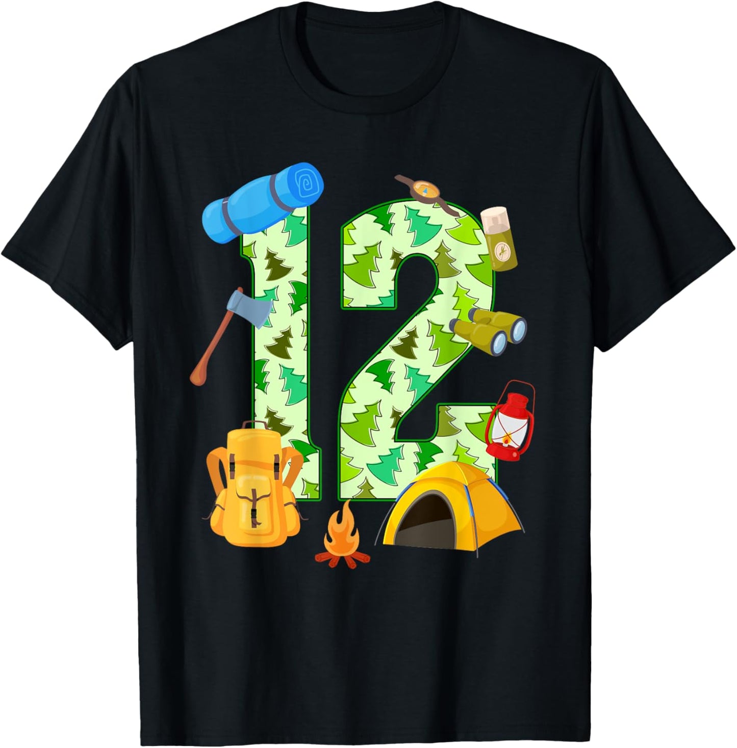 12th Birthday Camping Theme 12 Year Old Birthday Kids T-Shirt - T-Shirt | Black