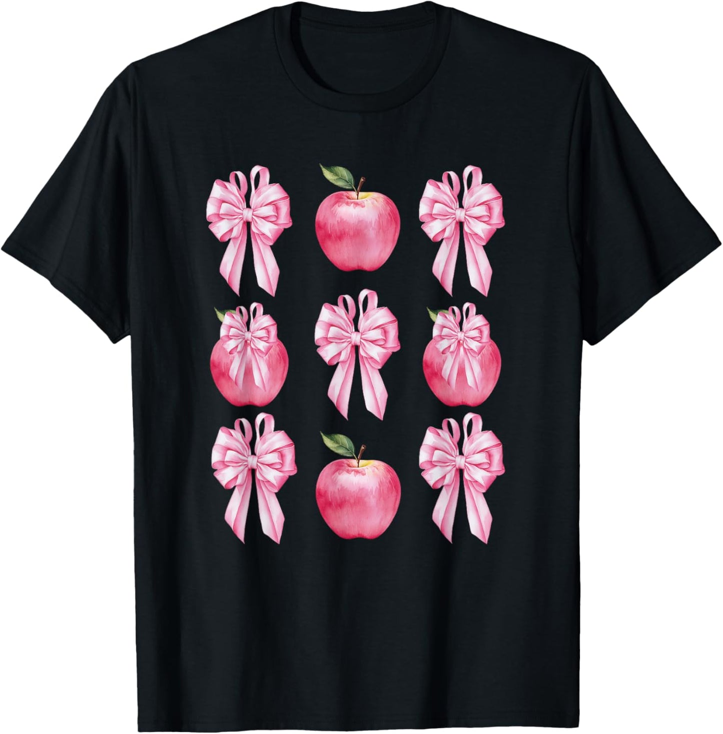 Pink Coquette Bow Apple Kid Back To School First Day Teacher T-Shirt - T-Shirt | Black