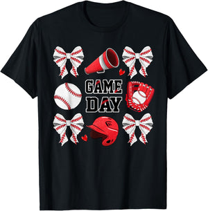 Game Day Baseball Bow Coquette Funny Baseball Lovers T-Shirt - T-Shirt | Black