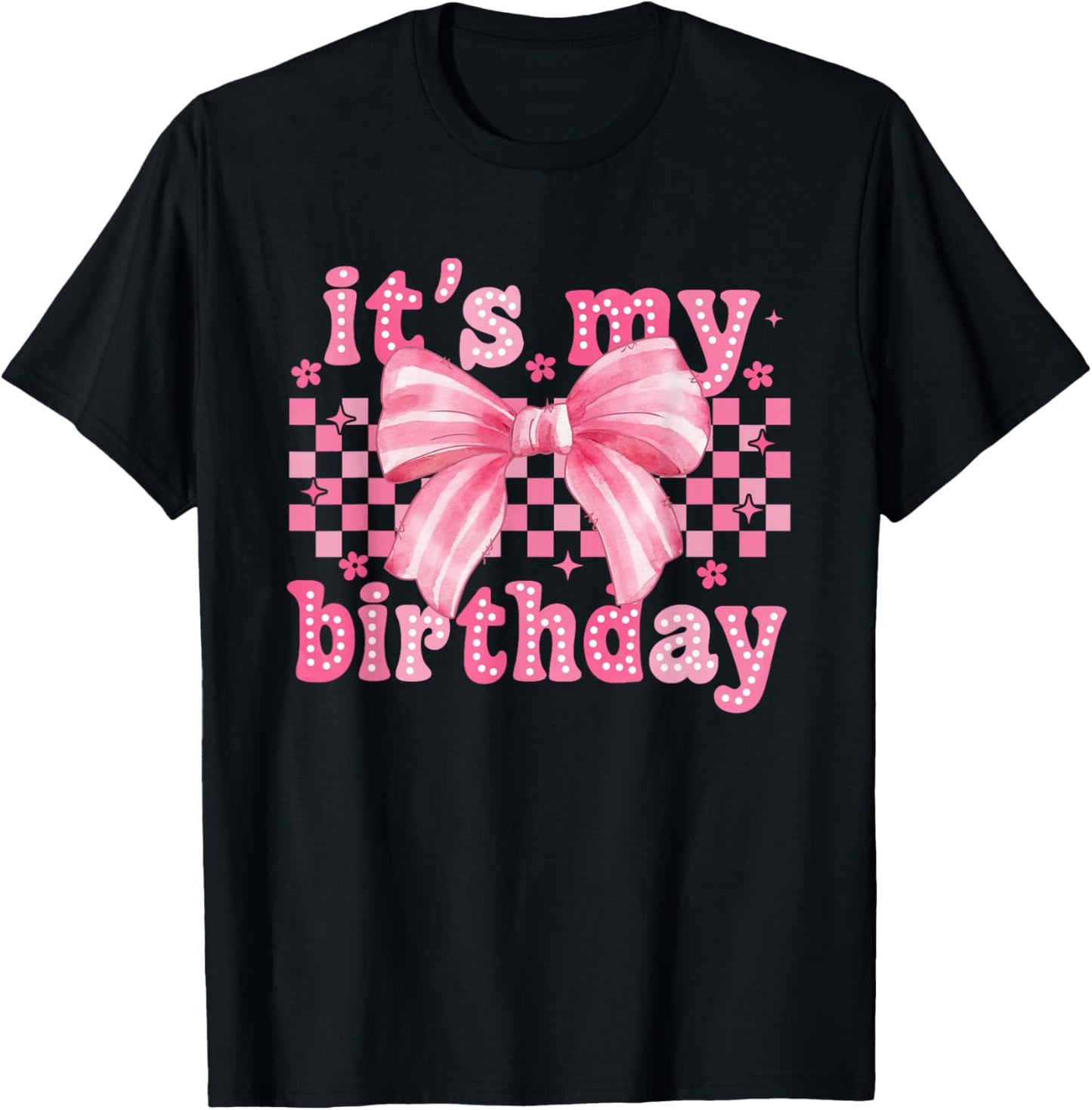 It's My Birthday Coquette Bow Floral Checkered Bday Party T-Shirt - T-Shirt | Black