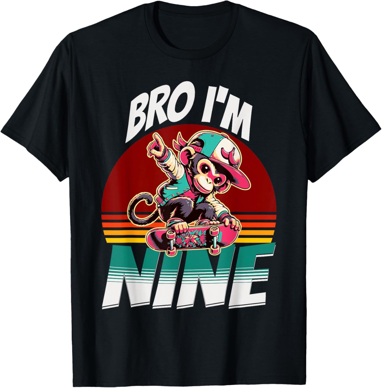 Bro I'm Nine 9th Birthday Monkey Lovers Skateboard Bday T-Shirt - T-Shirt | Black